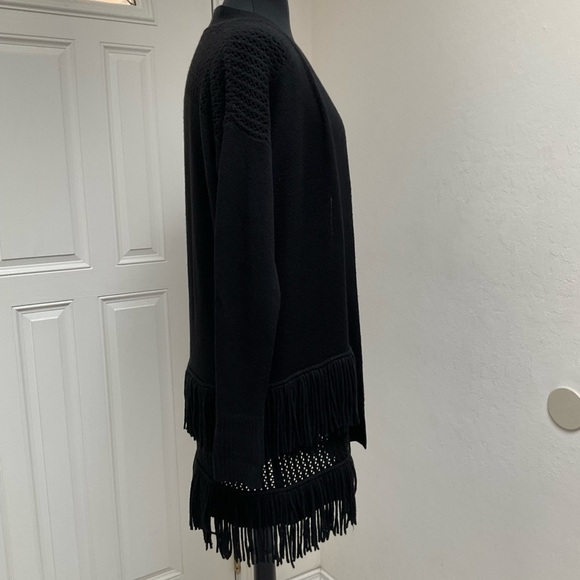 Rebecca Taylor Black Cashmere Wool Blend Fringe Open Front Knit Cardigan - Picture 5 of 12